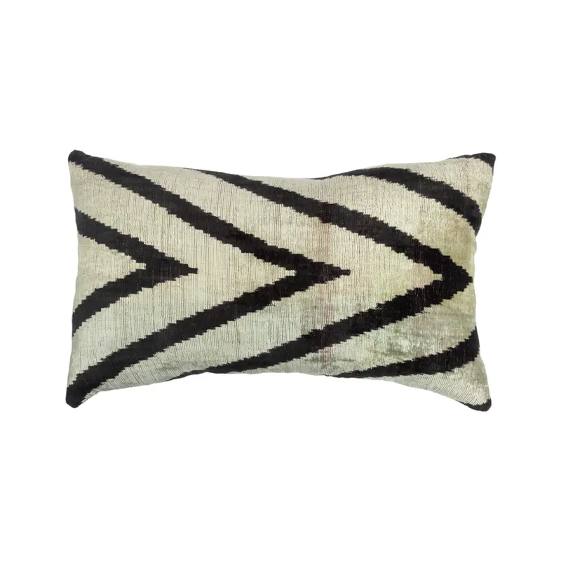 Large Vintage Silk Velvet Ikat Pillow – Black & Pale Green Chevron 1