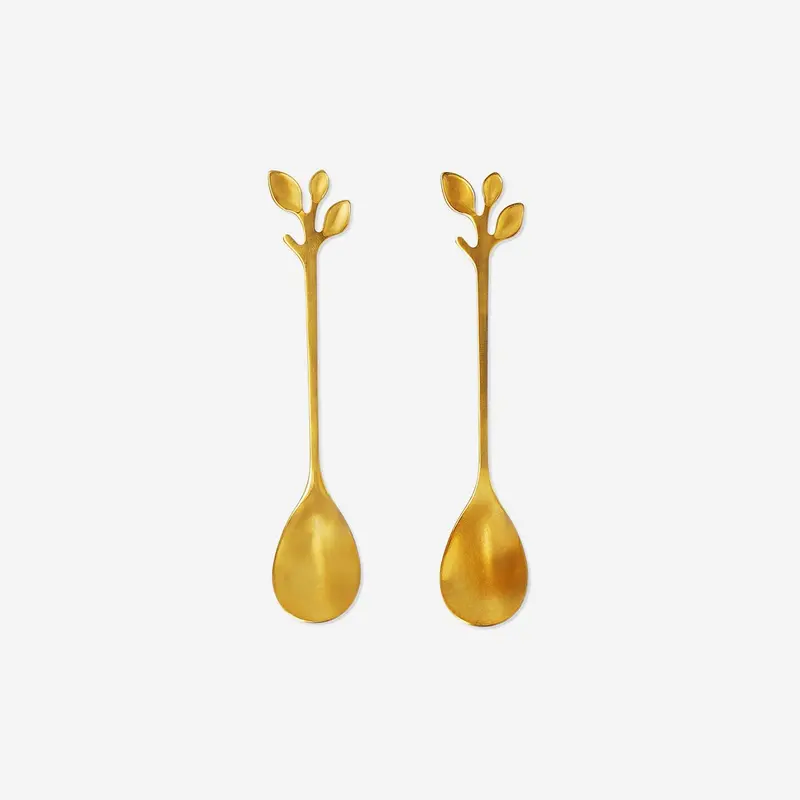 Pair Of Gold-Toned Dessert Spoons With Leaf Motif 1